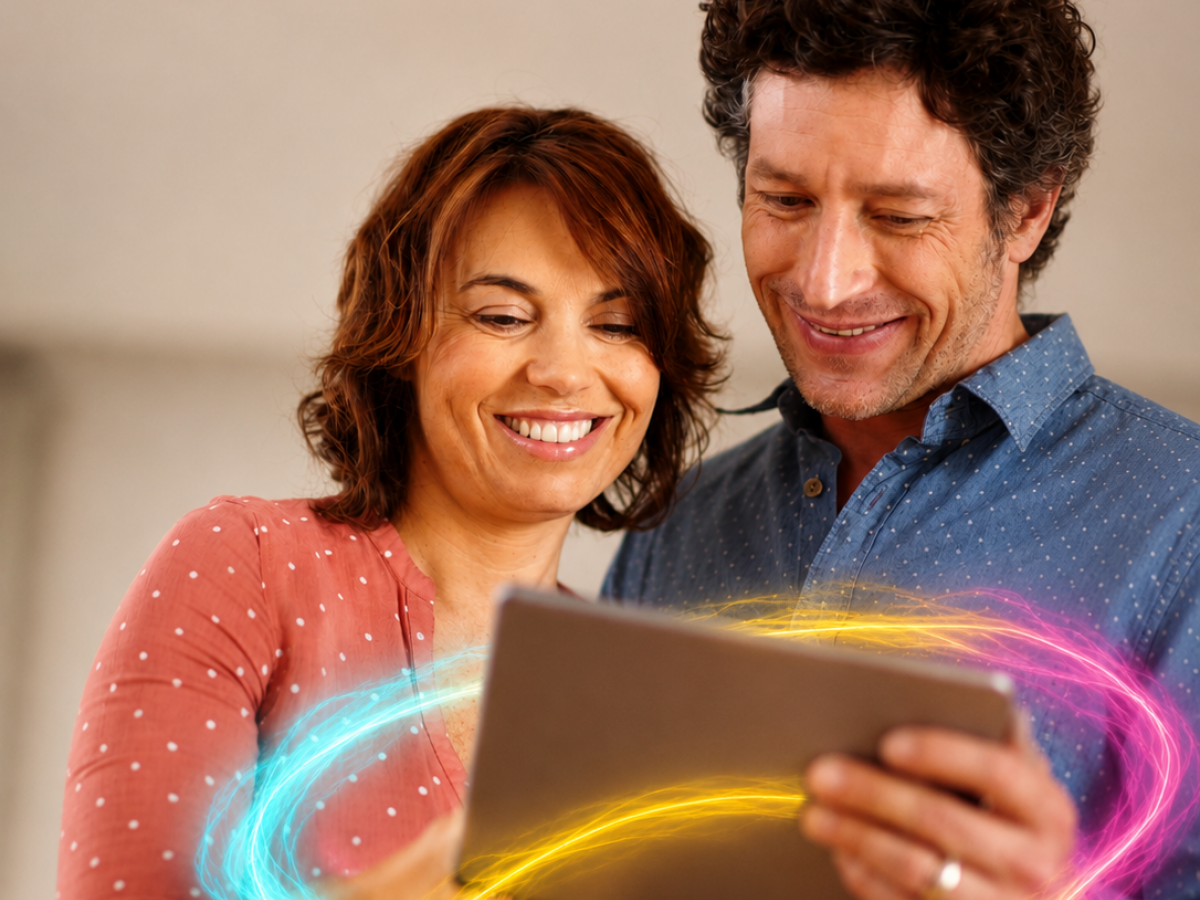 Couple smiling whilst looking at a tablet