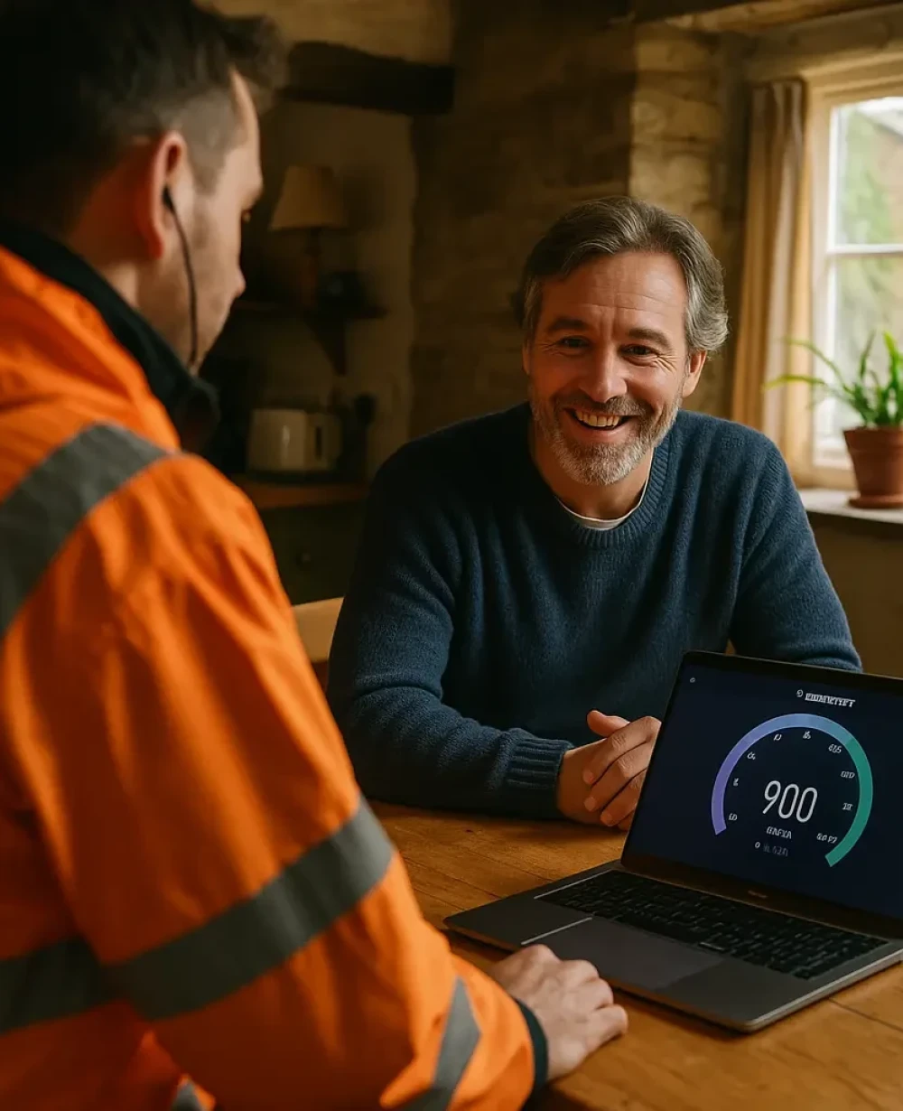 Broadband engineer showing a customer their internet speed test results