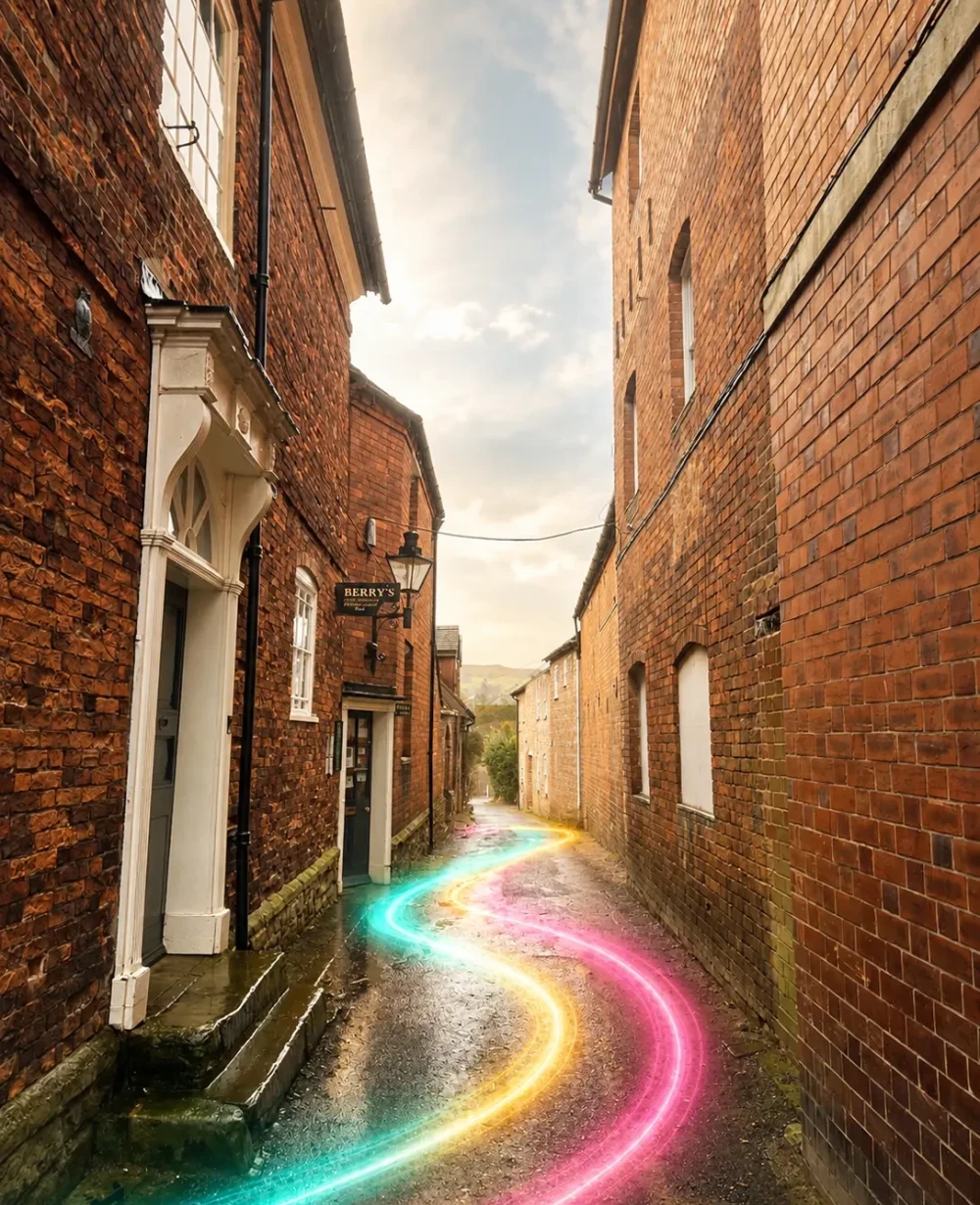 Traditional red-brick buildings along a narrow street, with colourful light trails representing fast fibre broadband connectivity in Church Stretton.