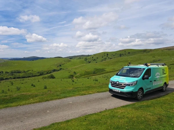 Voneus broadband van travelling through a rural community in the North of England