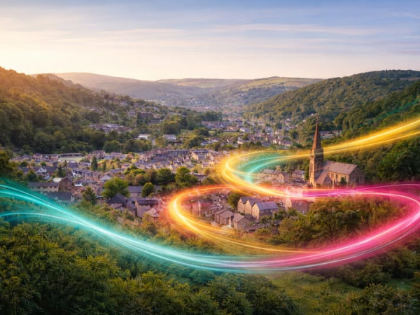 Welsh valley town surrounded by green hills, with colourful light trails illustrating Voneus broadband connectivity in Abergavenny, Gilwern and Govilon.