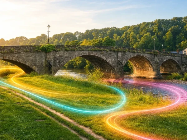 Colourful swirls around a bridge to represent Voneus fibre broadband in rural places such as Mytholmroyd and the surrounding areas