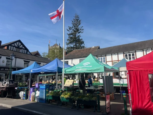 Voneus Broadband branded gazebo at Church Stretton market, connecting with local residents and promoting broadband services in the area.