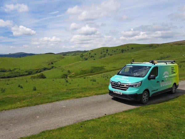 Voneus Broadband van in a rural Powys countryside setting