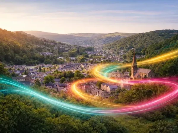 town surrounded by green hills, with colourful light trails illustrating fast fibre broadband connectivity for homes and businesses in Bishop's Castle and Clun.